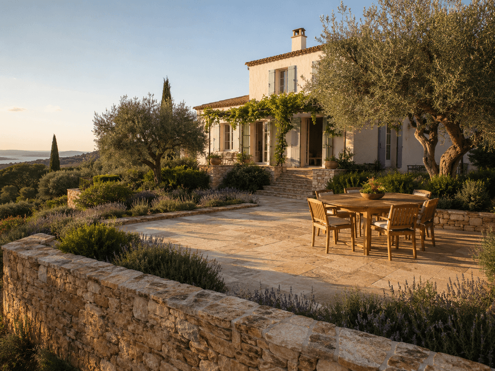 Terrasse en pierre et muret paysager réalisés par JTM Paysages à Marseille